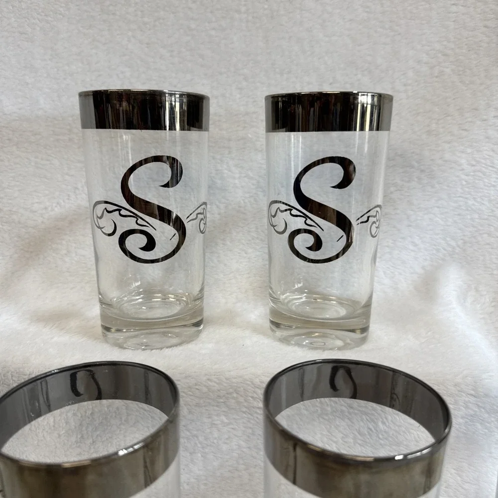 Set of 6‎ Vintage Monogrammed S Highball Glasses Silver Rimmed Barware
